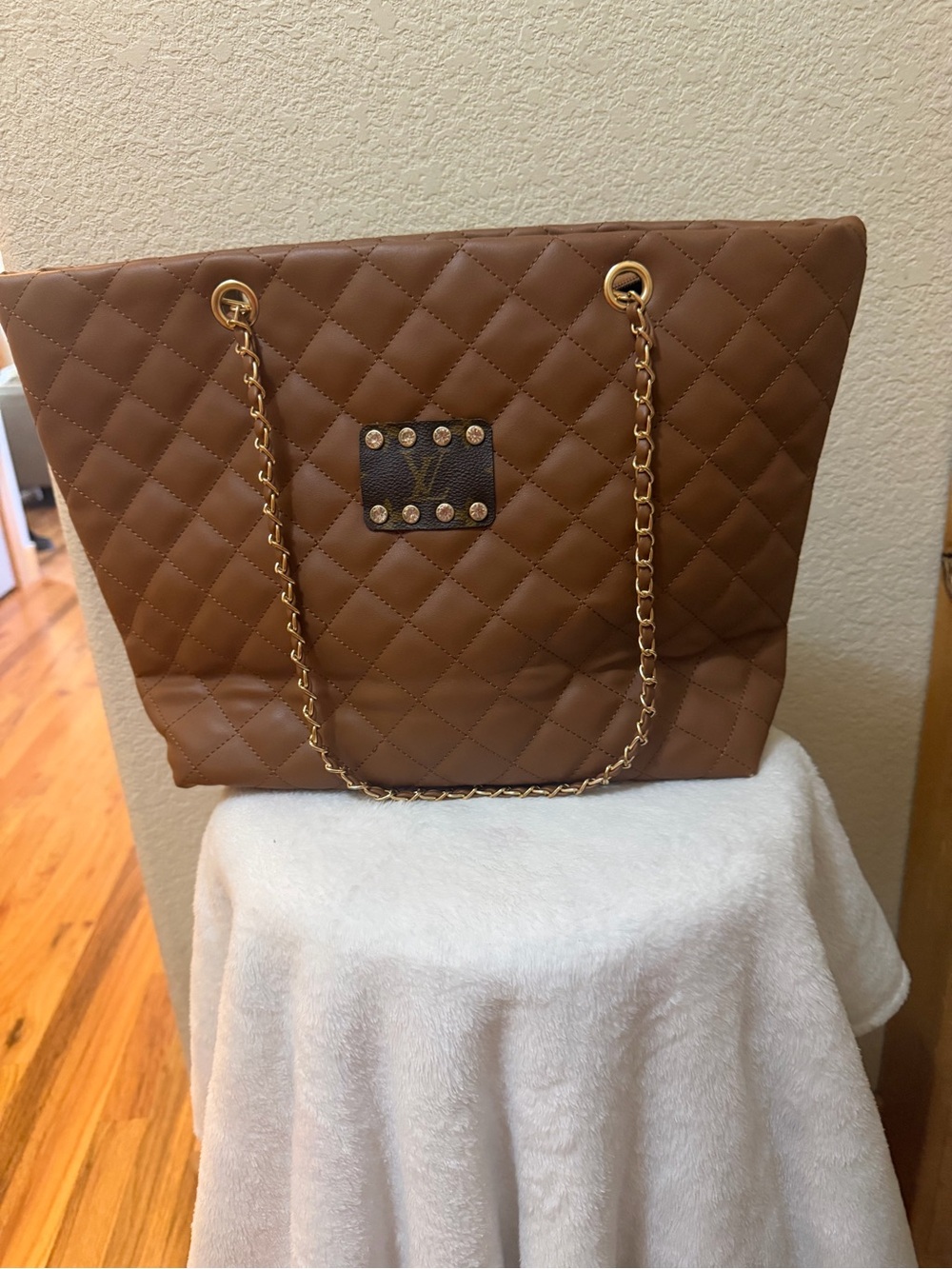 Quilted Brown Shoulder Tote with Gold Chain Handles